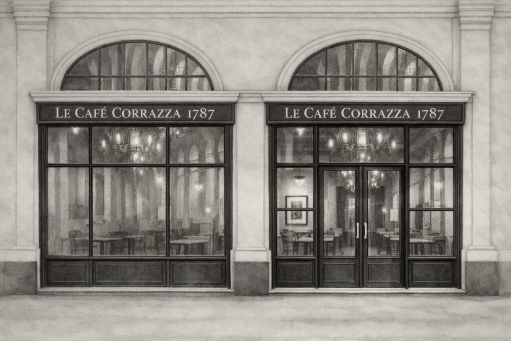 Sotto i portici della Galerie Montpensier, le vetrine del Café Corrazza 1787. Disegno a grafite morbida