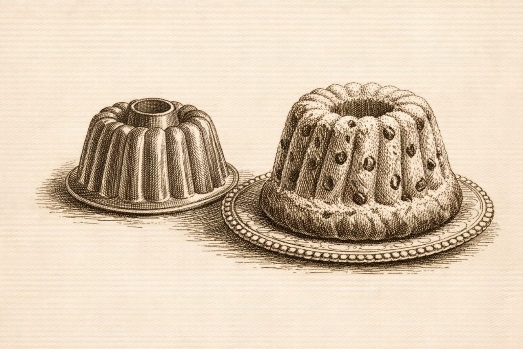 Illustrazione in stile gravure raffigurante un kugelhopf e il suo stampo scanalato