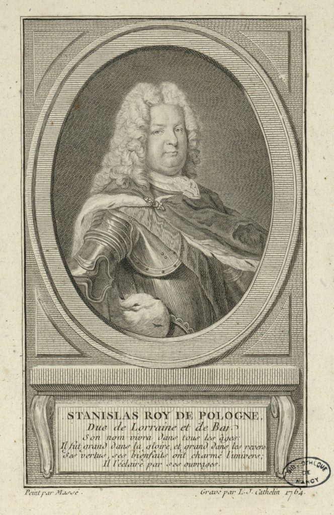 Stampa del 1764 in bianco e nero, rappresentante il re Stanislas I a mezzo busto, in una cornice ovale.